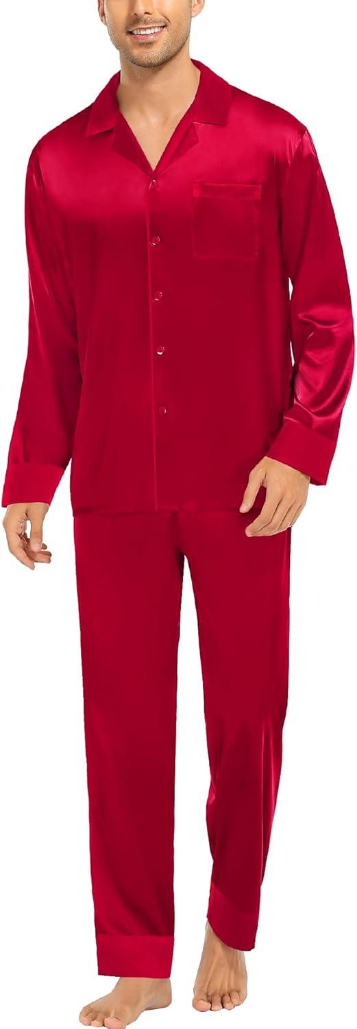 imageSWOMOG Couples Satin Pajama Set Women amp Men Long Sleeve Sleepwear Button Down Loungewear Silky Pj Set with Long PantsPure Red