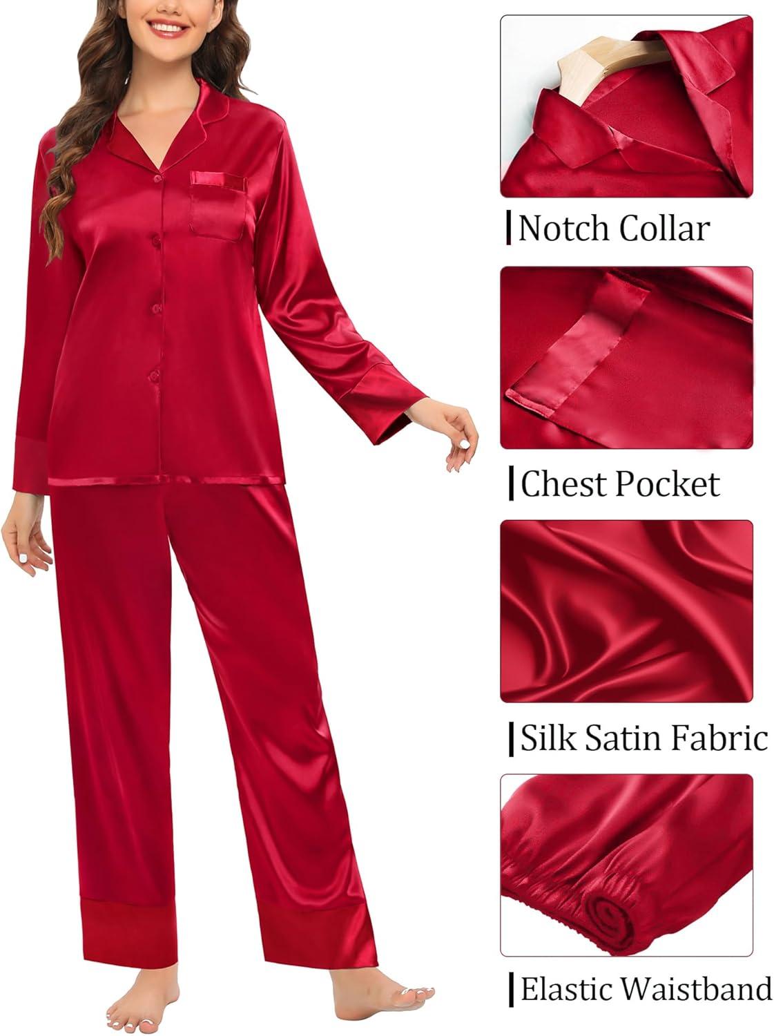 imageSWOMOG Couples Satin Pajama Set Women amp Men Long Sleeve Sleepwear Button Down Loungewear Silky Pj Set with Long PantsPure Red