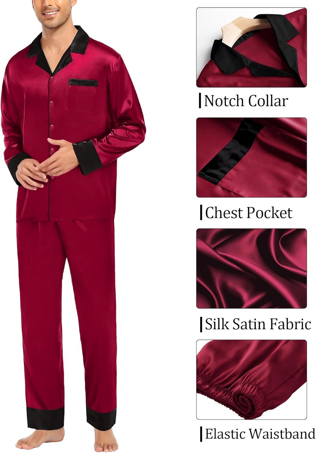 imageSWOMOG Couples Satin Pajama Set Women amp Men Long Sleeve Sleepwear Button Down Loungewear Silky Pj Set with Long PantsWine Red