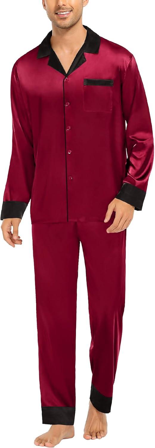 imageSWOMOG Couples Satin Pajama Set Women amp Men Long Sleeve Sleepwear Button Down Loungewear Silky Pj Set with Long PantsWine Red