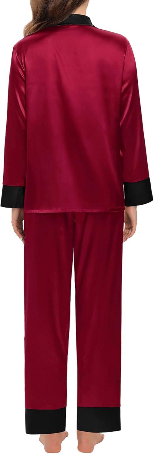 imageSWOMOG Couples Satin Pajama Set Women amp Men Long Sleeve Sleepwear Button Down Loungewear Silky Pj Set with Long PantsWine Red