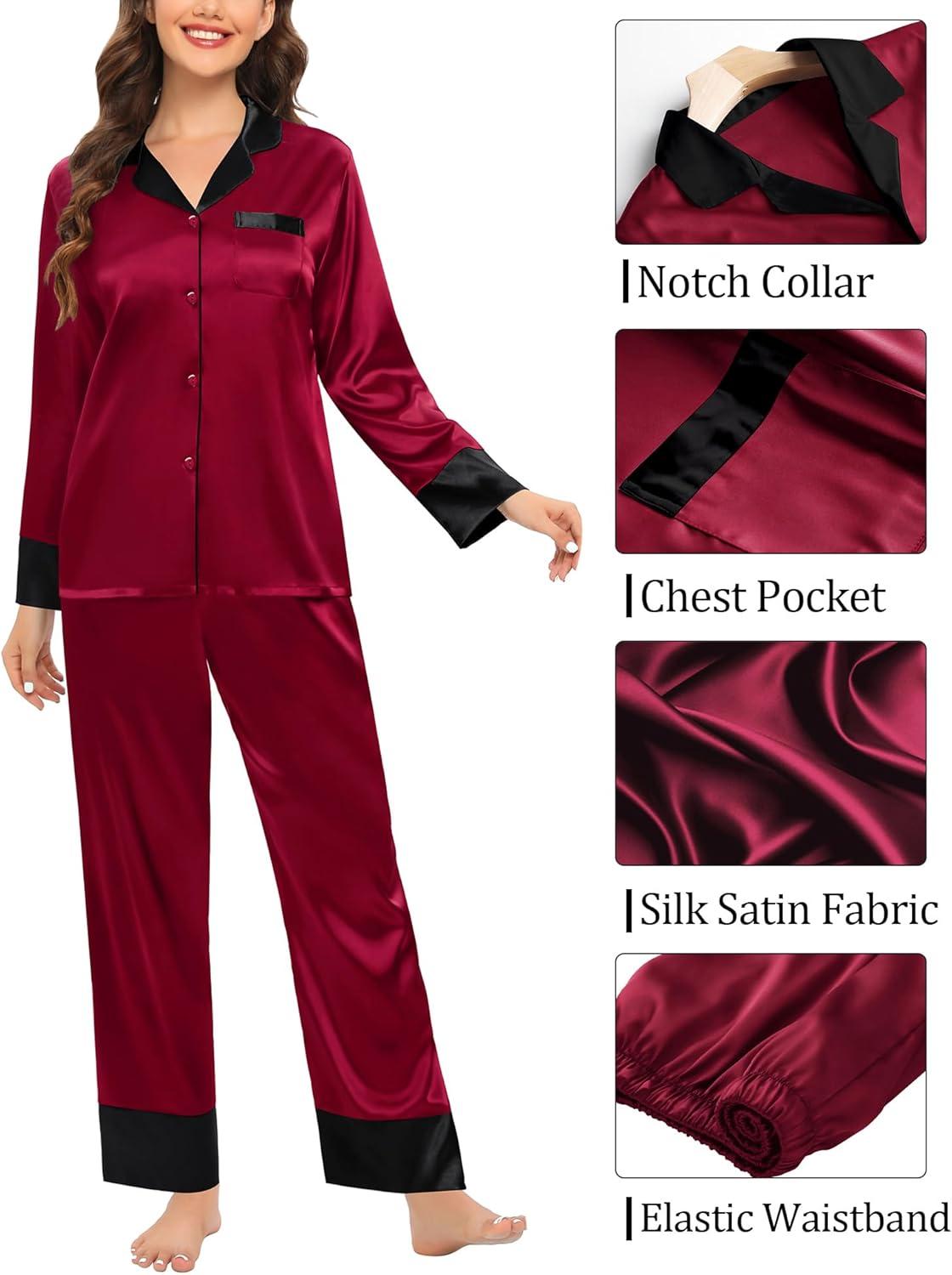 imageSWOMOG Couples Satin Pajama Set Women amp Men Long Sleeve Sleepwear Button Down Loungewear Silky Pj Set with Long PantsWine Red