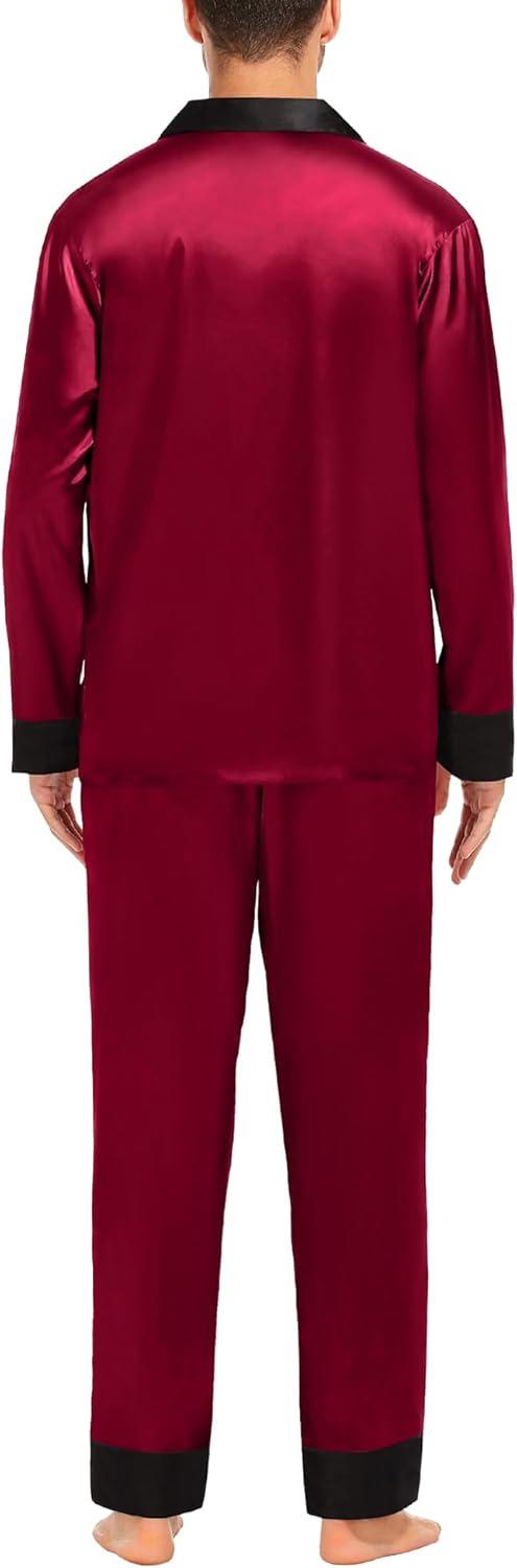 imageSWOMOG Couples Satin Pajama Set Women amp Men Long Sleeve Sleepwear Button Down Loungewear Silky Pj Set with Long PantsWine Red