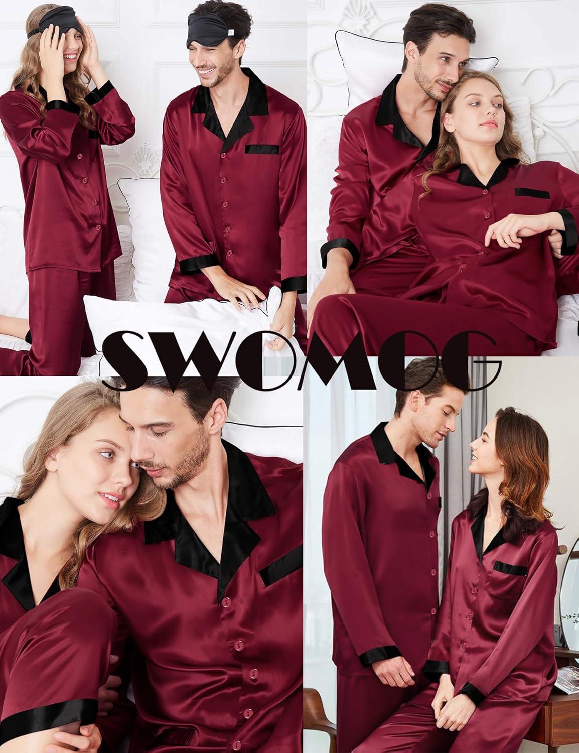 imageSWOMOG Couples Satin Pajama Set Women amp Men Long Sleeve Sleepwear Button Down Loungewear Silky Pj Set with Long PantsWine Red