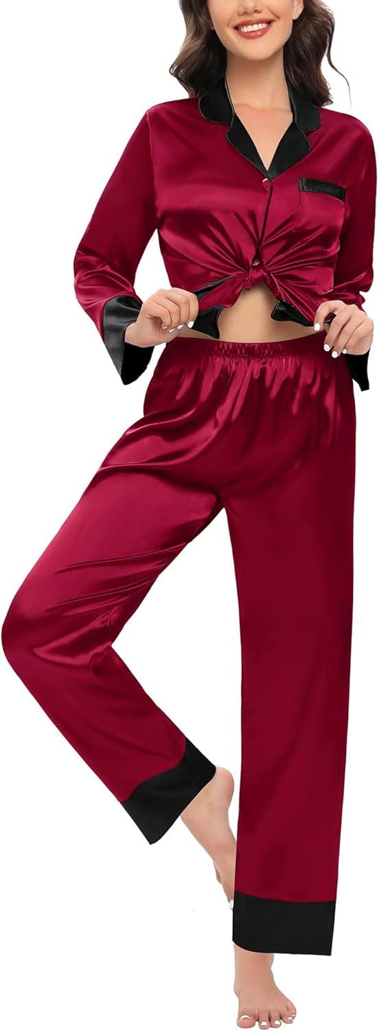 imageSWOMOG Couples Satin Pajama Set Women amp Men Long Sleeve Sleepwear Button Down Loungewear Silky Pj Set with Long PantsWine Red