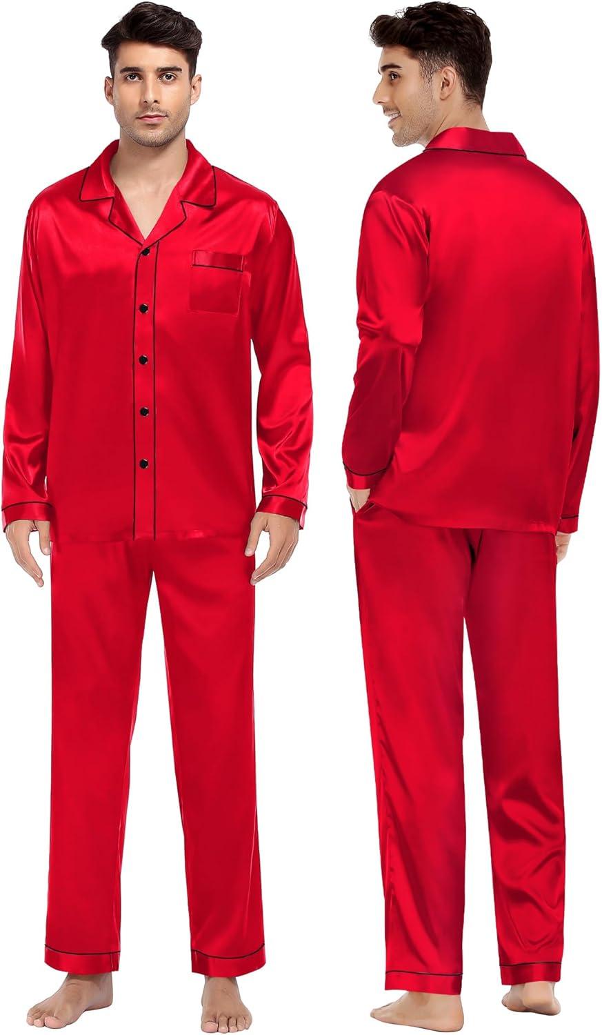 imageSWOMOG Couples Satin Pajama Set Women amp Men Long Sleeve Sleepwear Button Down Loungewear Silky Pj Set with Long PantsZ Double Piping Candy Red