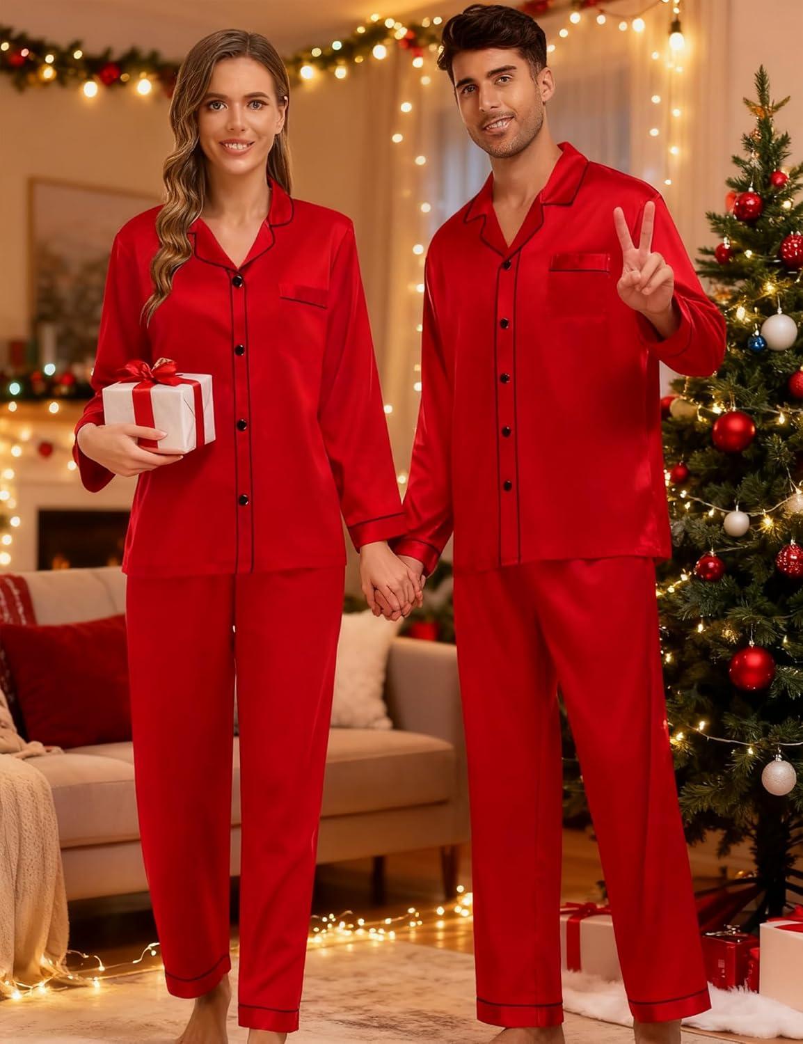 imageSWOMOG Couples Satin Pajama Set Women amp Men Long Sleeve Sleepwear Button Down Loungewear Silky Pj Set with Long PantsZ Double Piping Candy Red
