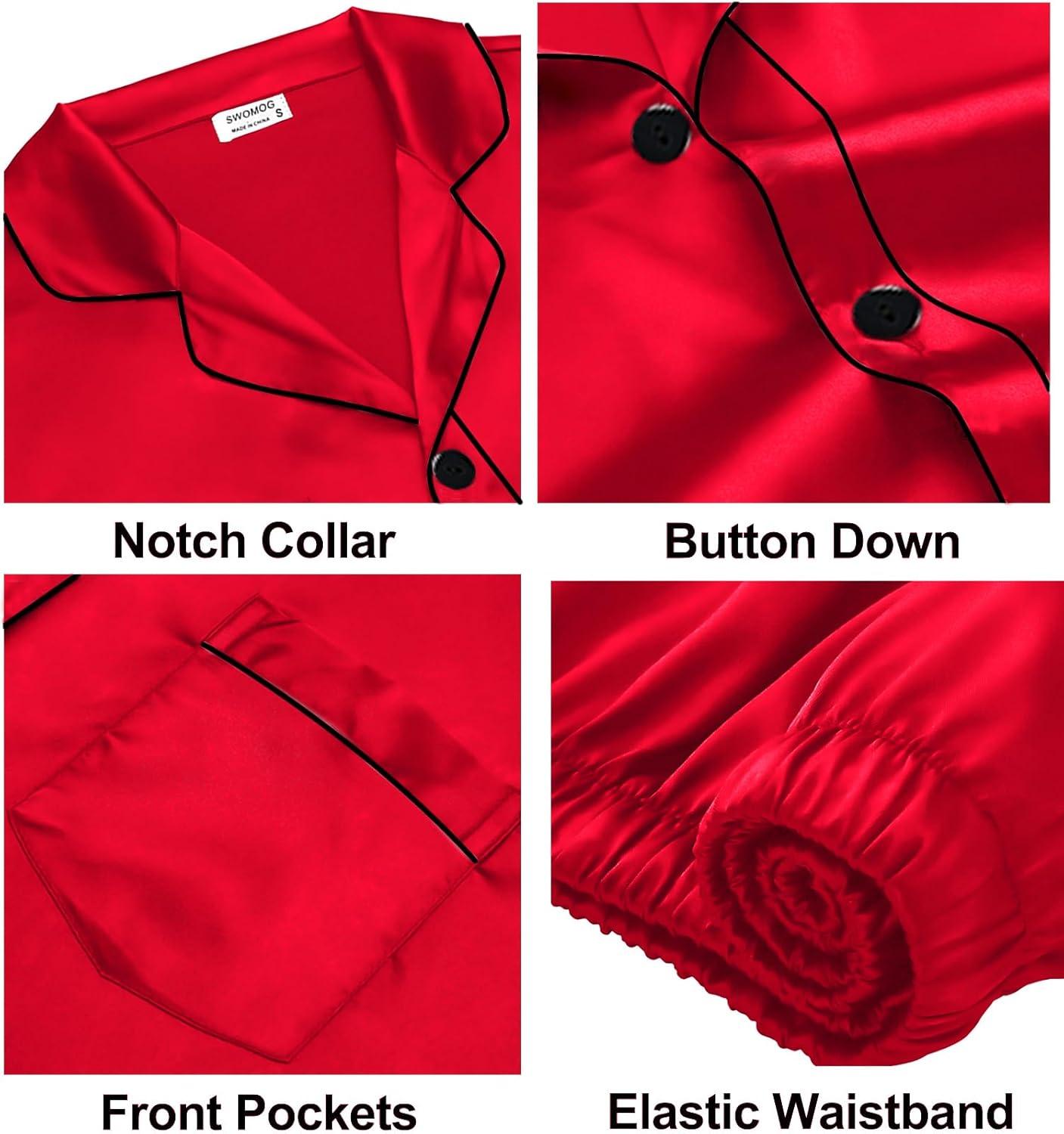 imageSWOMOG Couples Satin Pajama Set Women amp Men Long Sleeve Sleepwear Button Down Loungewear Silky Pj Set with Long PantsZ Double Piping Candy Red