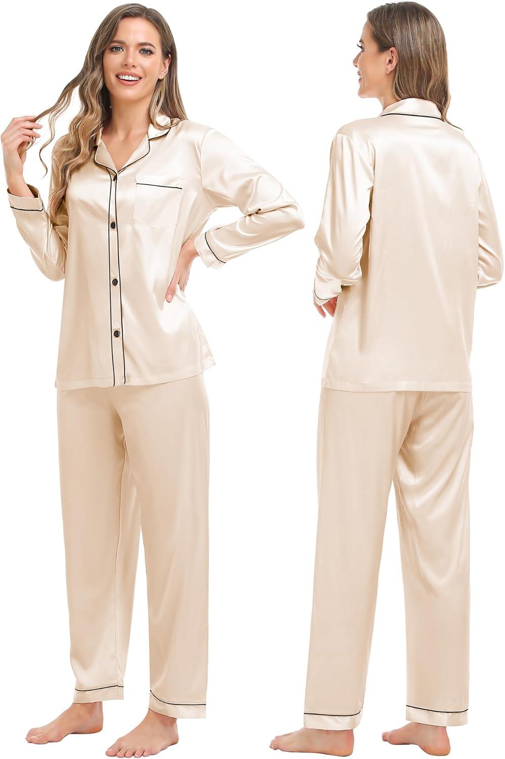 imageSWOMOG Couples Satin Pajama Set Women amp Men Long Sleeve Sleepwear Button Down Loungewear Silky Pj Set with Long PantsZ Double Piping Champagne