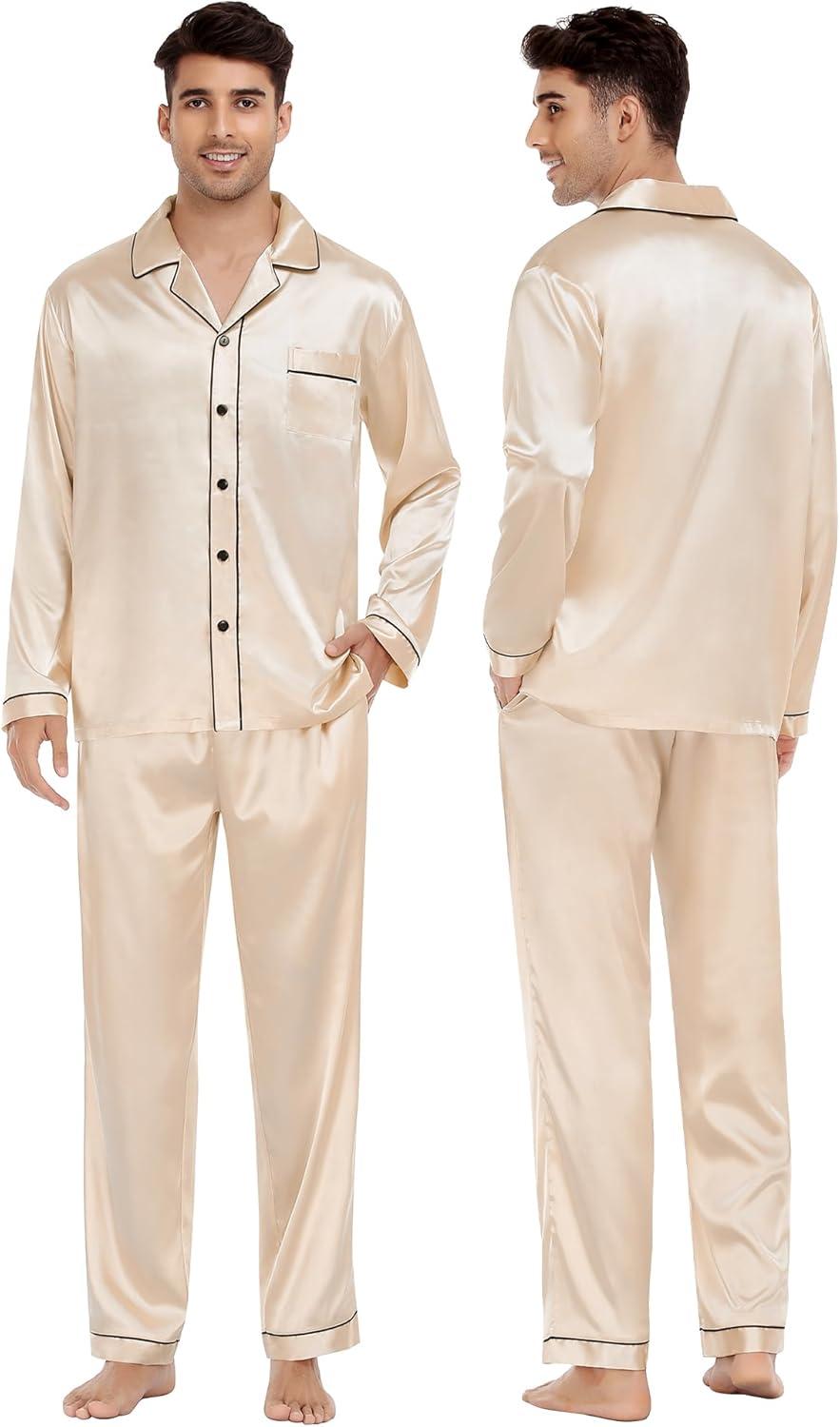 imageSWOMOG Couples Satin Pajama Set Women amp Men Long Sleeve Sleepwear Button Down Loungewear Silky Pj Set with Long PantsZ Double Piping Champagne