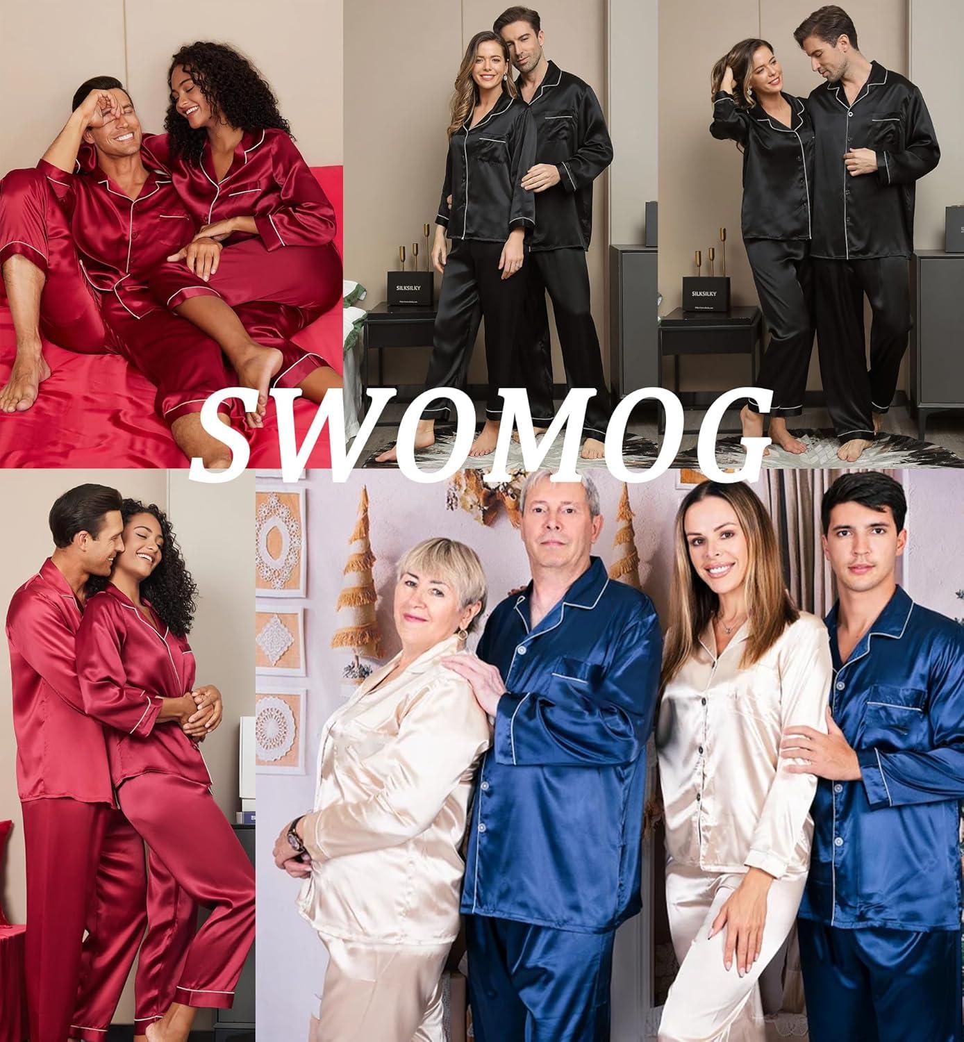 imageSWOMOG Couples Satin Pajama Set Women amp Men Long Sleeve Sleepwear Button Down Loungewear Silky Pj Set with Long PantsZ Double Piping Champagne