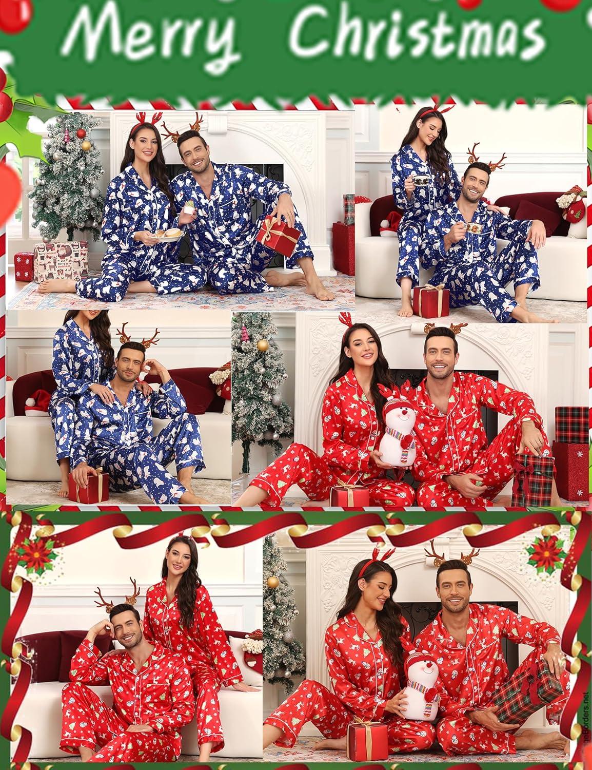 imageSWOMOG Couples Satin Pajama Set Women amp Men Long Sleeve Sleepwear Button Down Loungewear Silky Pj Set with Long PantsZ Double Piping Christmas Red