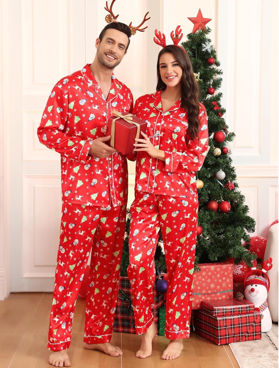 imageSWOMOG Couples Satin Pajama Set Women amp Men Long Sleeve Sleepwear Button Down Loungewear Silky Pj Set with Long PantsZ Double Piping Christmas Red