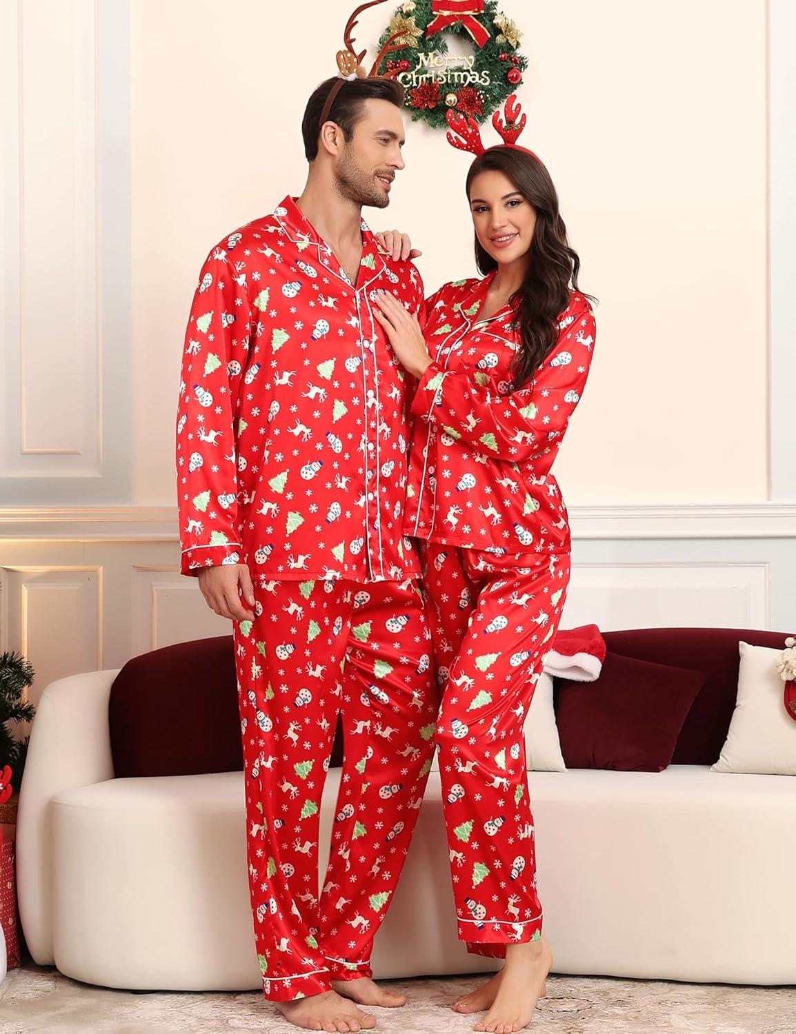 imageSWOMOG Couples Satin Pajama Set Women amp Men Long Sleeve Sleepwear Button Down Loungewear Silky Pj Set with Long PantsZ Double Piping Christmas Red