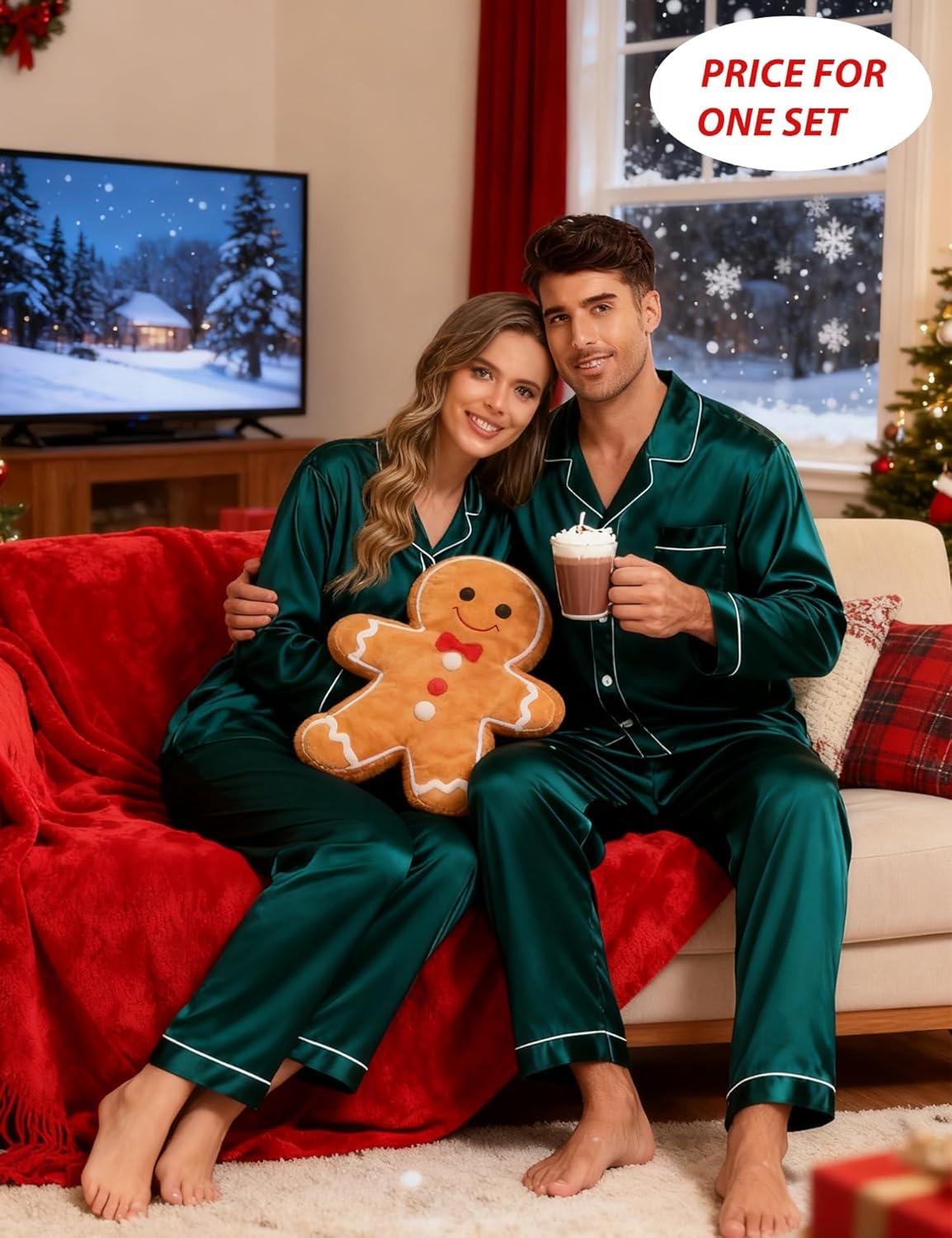 imageSWOMOG Couples Satin Pajama Set Women amp Men Long Sleeve Sleepwear Button Down Loungewear Silky Pj Set with Long PantsZ Double Piping Deep Green