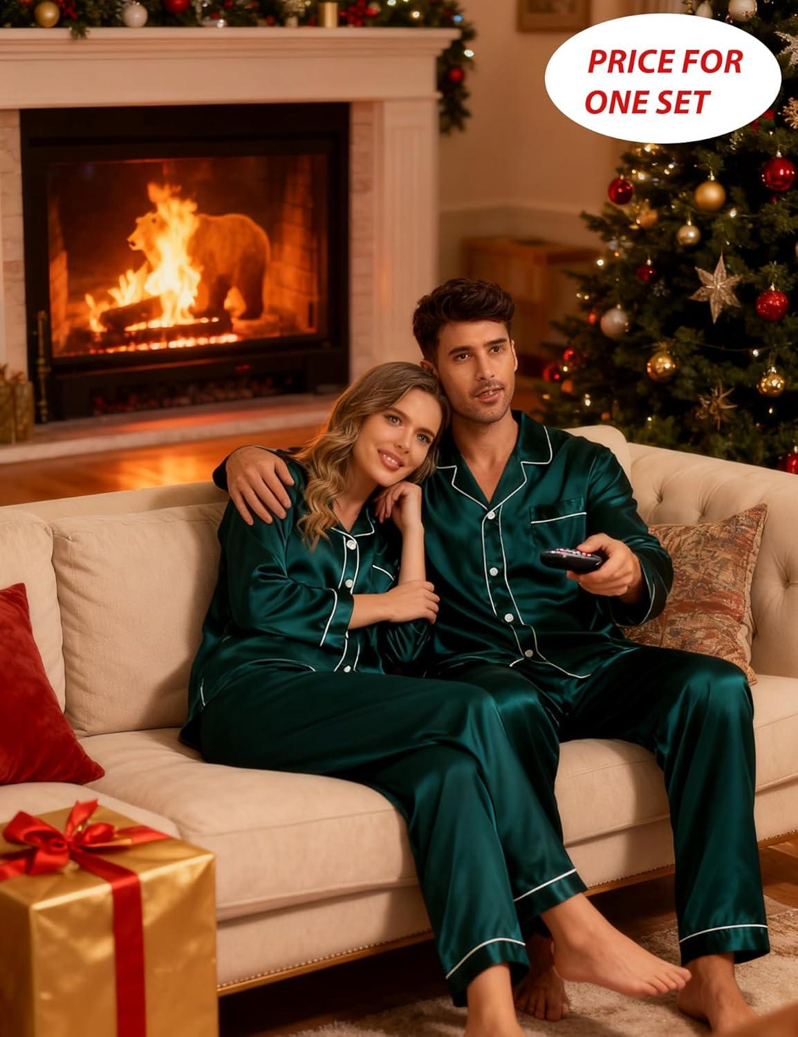 imageSWOMOG Couples Satin Pajama Set Women amp Men Long Sleeve Sleepwear Button Down Loungewear Silky Pj Set with Long PantsZ Double Piping Deep Green