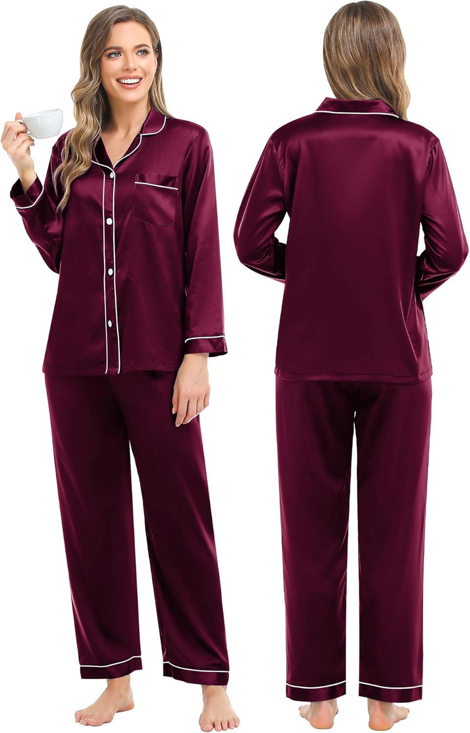 imageSWOMOG Couples Satin Pajama Set Women amp Men Long Sleeve Sleepwear Button Down Loungewear Silky Pj Set with Long PantsZ Double Piping Deep Wine Red