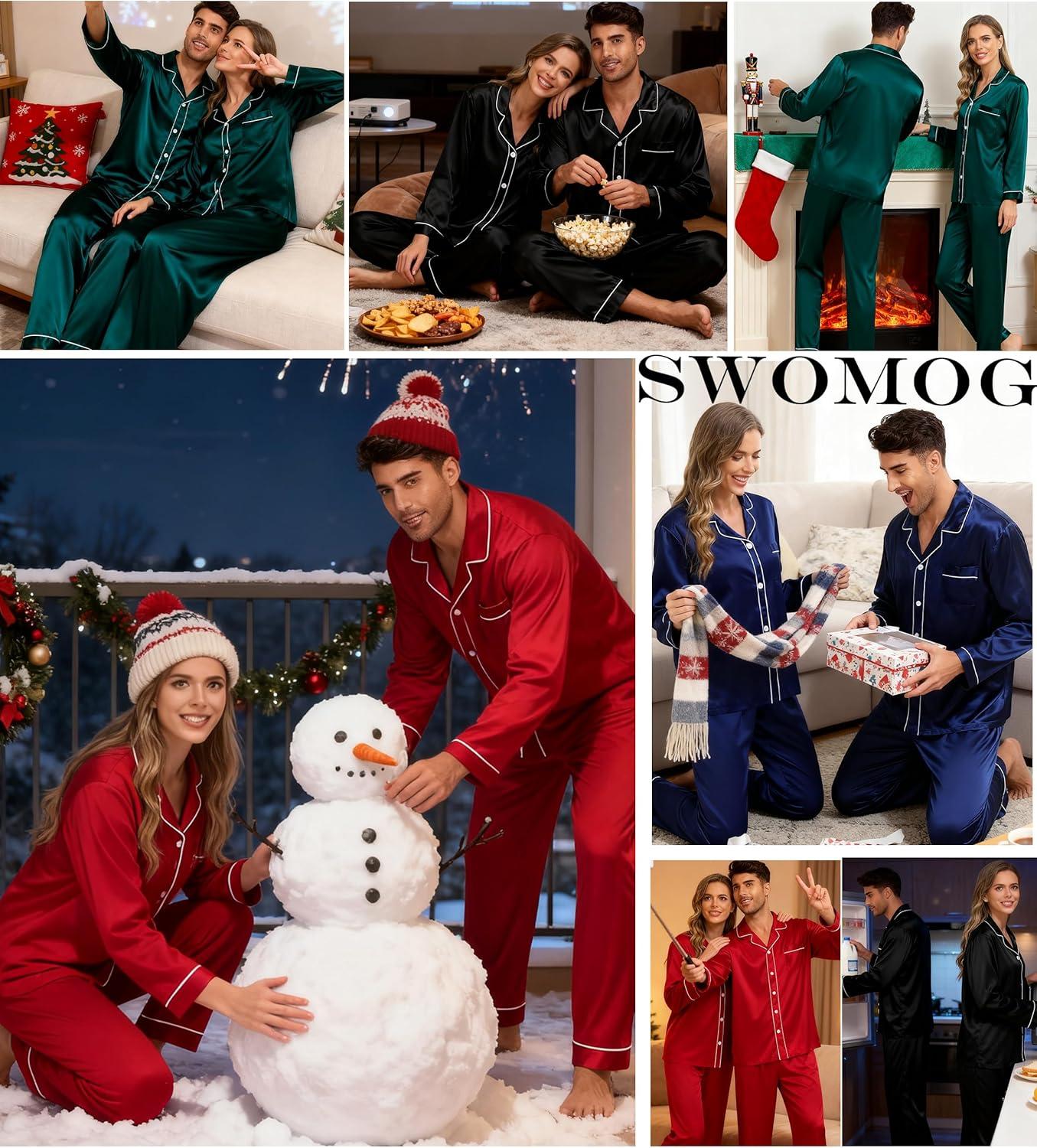 imageSWOMOG Couples Satin Pajama Set Women amp Men Long Sleeve Sleepwear Button Down Loungewear Silky Pj Set with Long PantsZ Double Piping Deep Wine Red