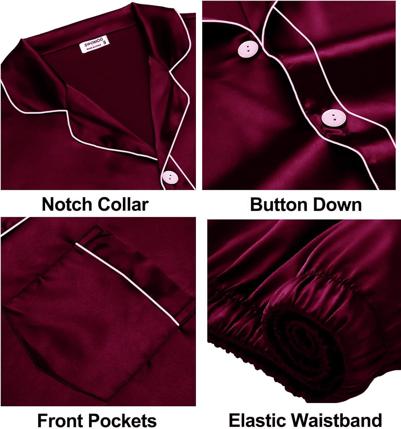 imageSWOMOG Couples Satin Pajama Set Women amp Men Long Sleeve Sleepwear Button Down Loungewear Silky Pj Set with Long PantsZ Double Piping Deep Wine Red