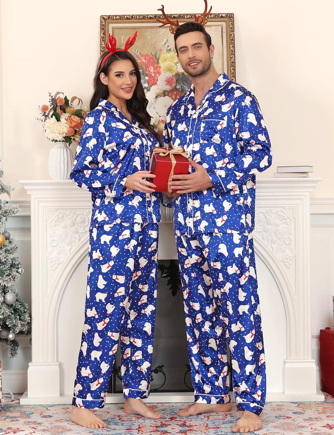 imageSWOMOG Couples Satin Pajama Set Women amp Men Long Sleeve Sleepwear Button Down Loungewear Silky Pj Set with Long PantsZ Double Piping Polar Blue Bear