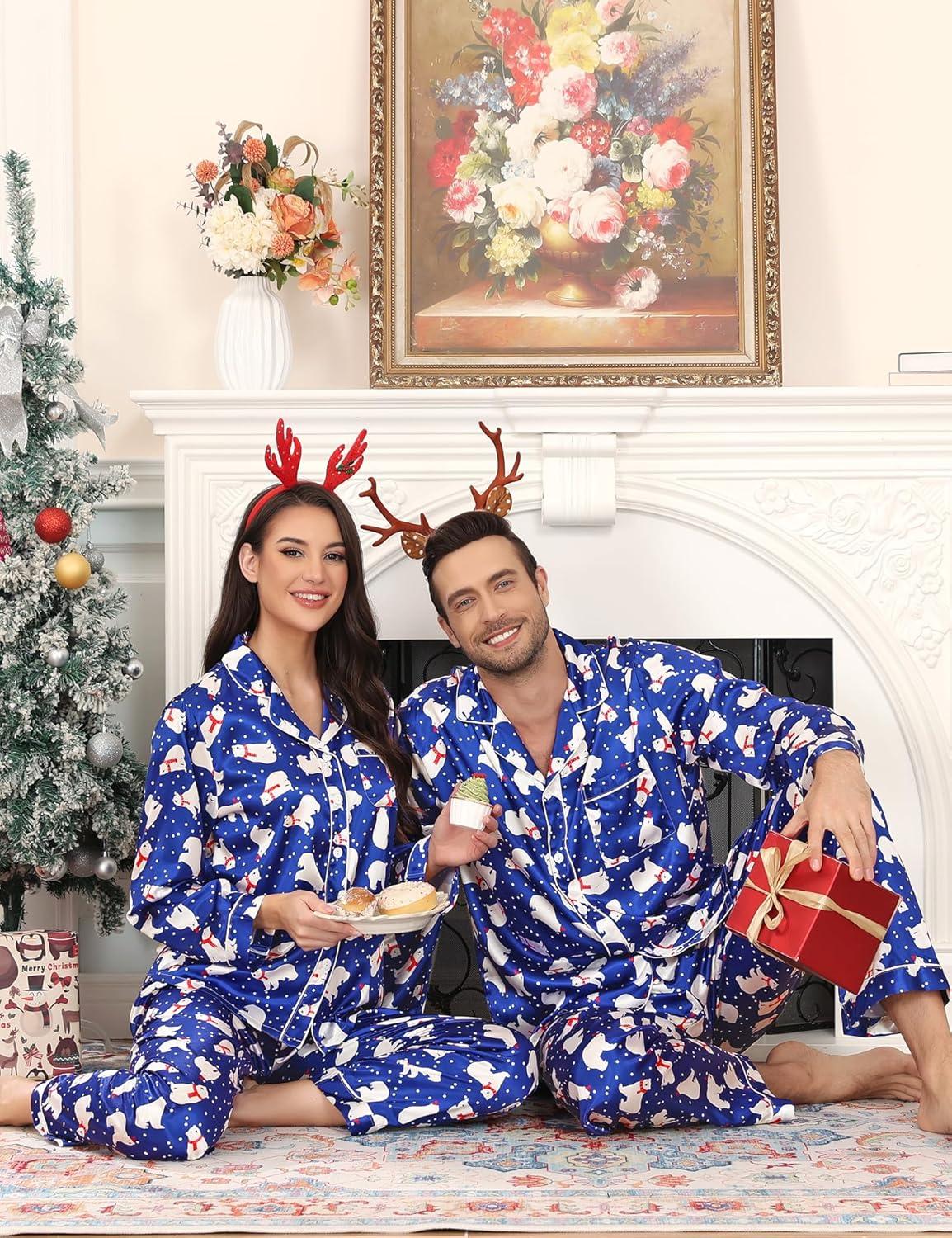imageSWOMOG Couples Satin Pajama Set Women amp Men Long Sleeve Sleepwear Button Down Loungewear Silky Pj Set with Long PantsZ Double Piping Polar Blue Bear