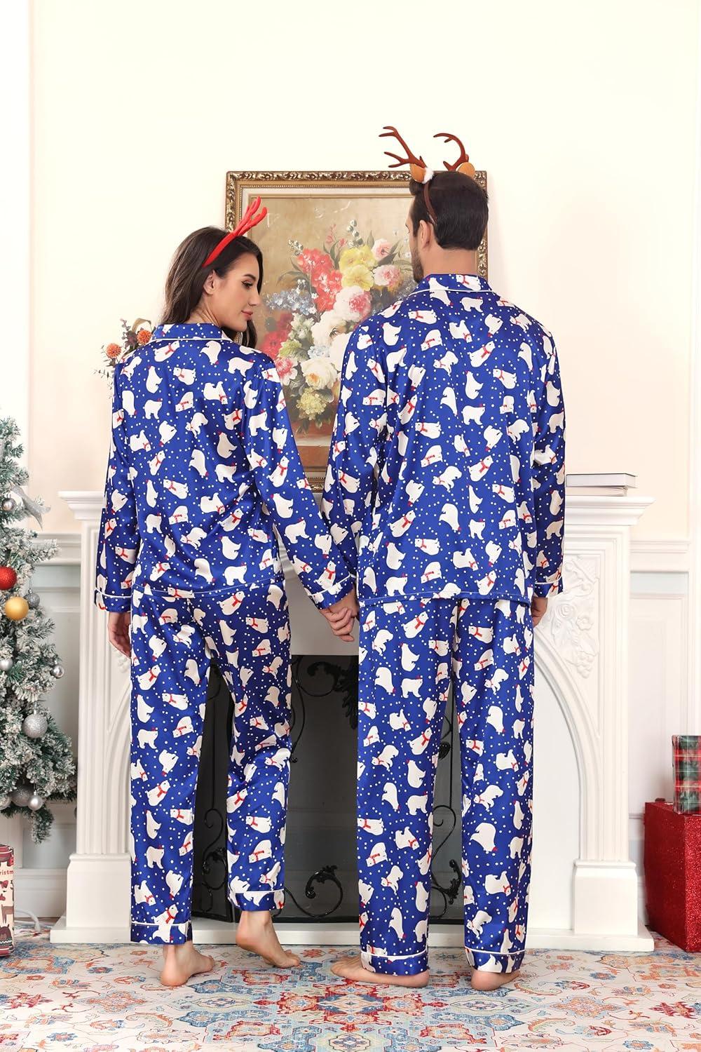 imageSWOMOG Couples Satin Pajama Set Women amp Men Long Sleeve Sleepwear Button Down Loungewear Silky Pj Set with Long PantsZ Double Piping Polar Blue Bear