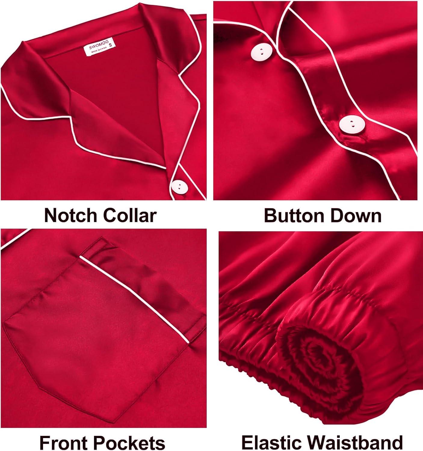 imageSWOMOG Couples Satin Pajama Set Women amp Men Long Sleeve Sleepwear Button Down Loungewear Silky Pj Set with Long PantsZ Double Piping Red