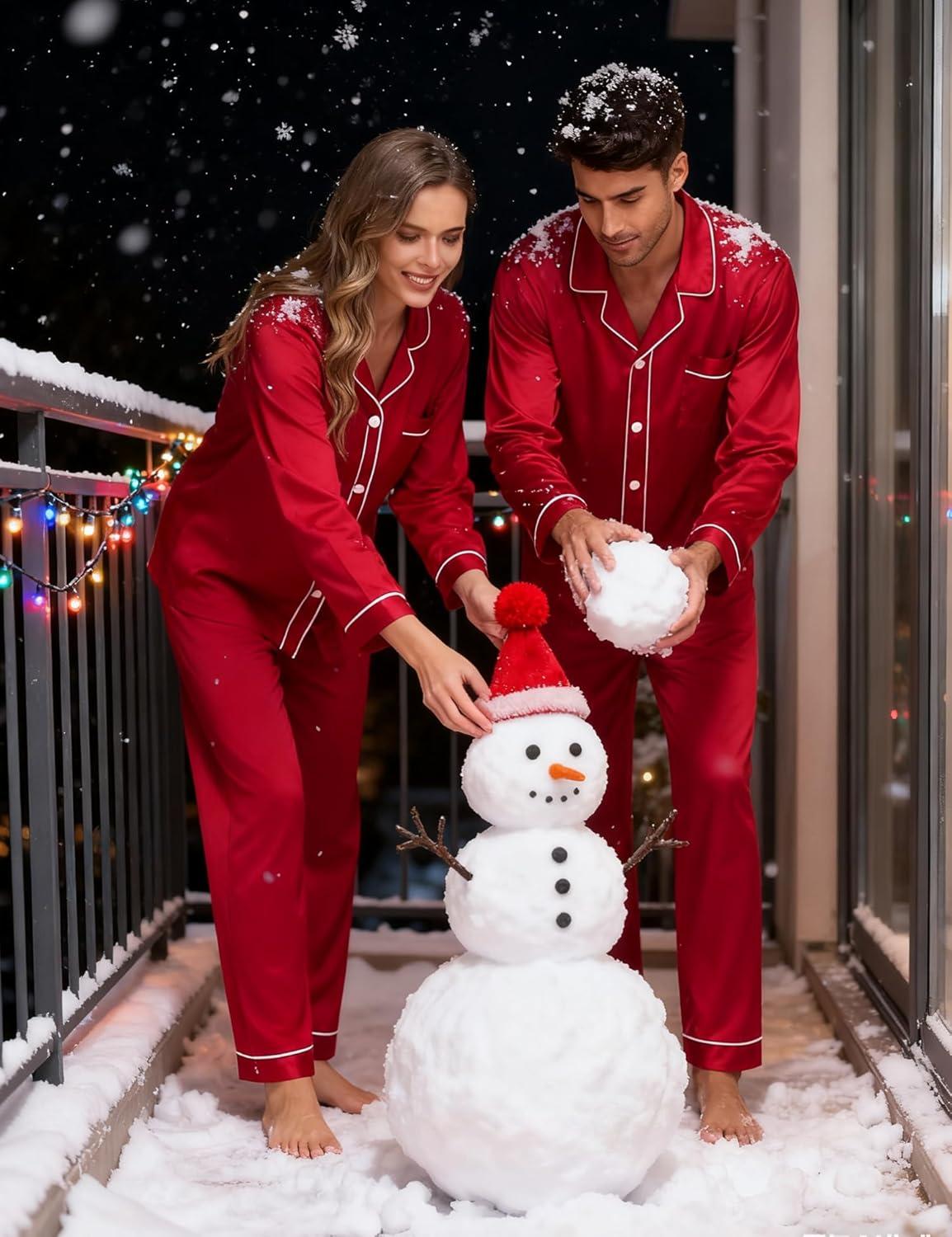 imageSWOMOG Couples Satin Pajama Set Women amp Men Long Sleeve Sleepwear Button Down Loungewear Silky Pj Set with Long PantsZ Double Piping Red
