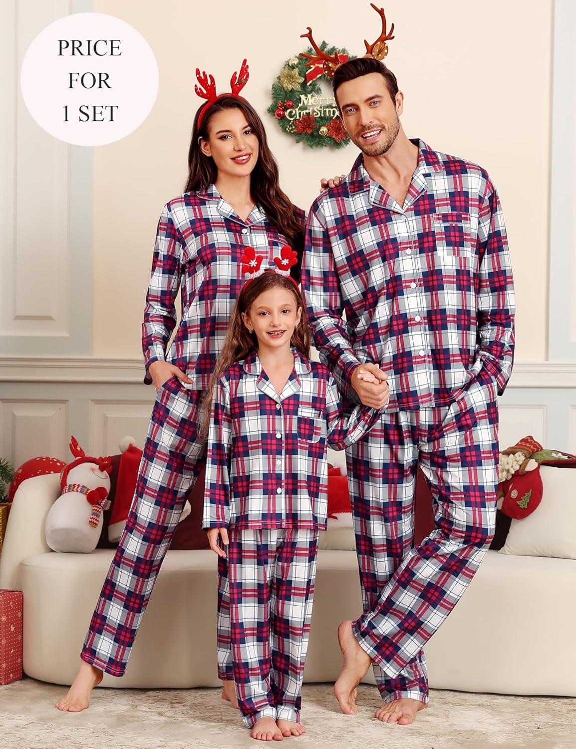 imageSWOMOG Family Christmas Pajamas Set Party Holiday Sleepwear Long Sleeve ButtonDown Loungewear SetNavy With Red Grid