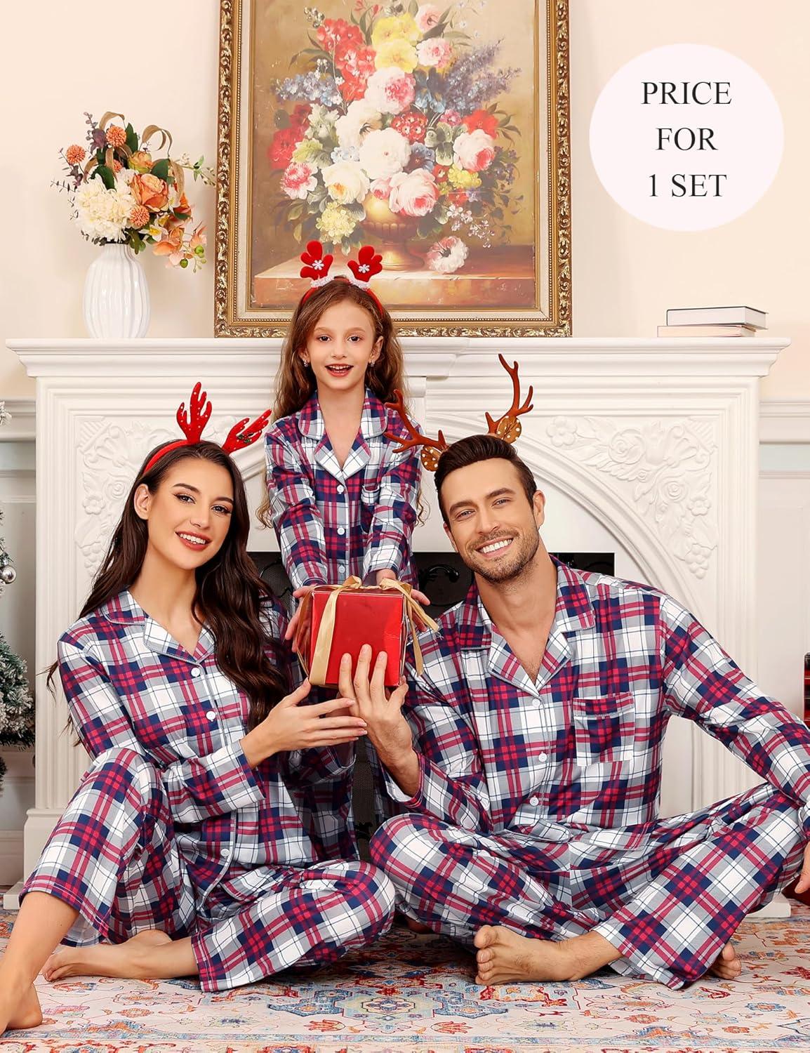 imageSWOMOG Family Christmas Pajamas Set Party Holiday Sleepwear Long Sleeve ButtonDown Loungewear SetNavy With Red Grid