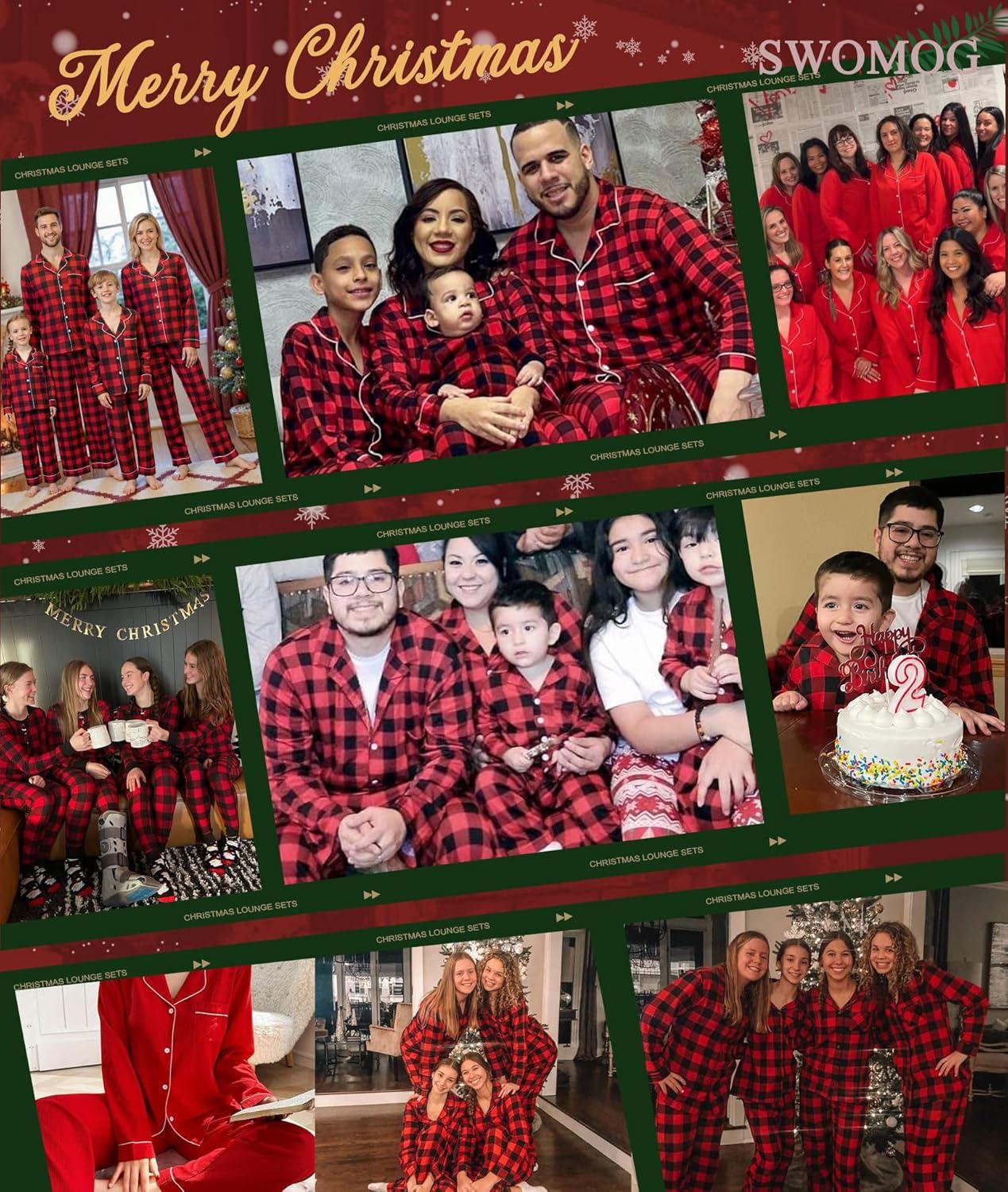 imageSWOMOG Family Christmas Pajamas Set Party Holiday Sleepwear Long Sleeve ButtonDown Loungewear SetNavy With Red Grid