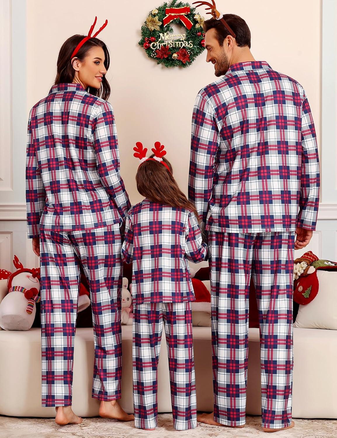 imageSWOMOG Family Christmas Pajamas Set Party Holiday Sleepwear Long Sleeve ButtonDown Loungewear SetNavy With Red Grid