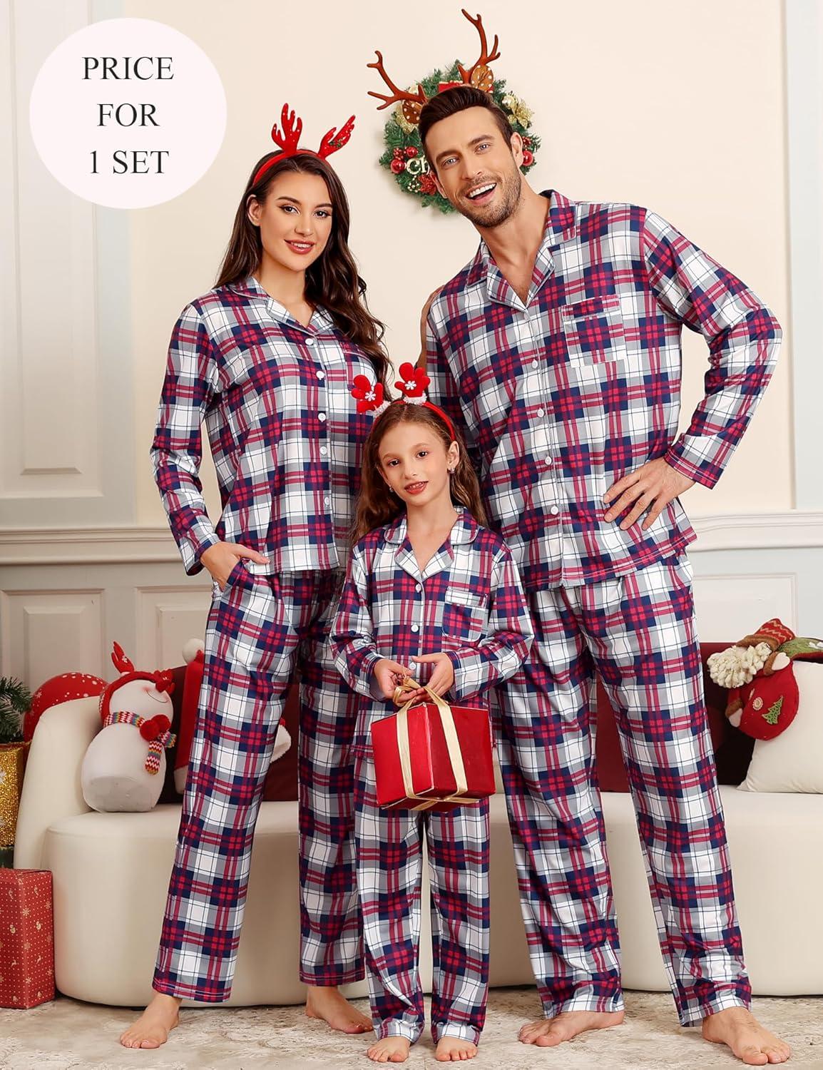 imageSWOMOG Family Christmas Pajamas Set Party Holiday Sleepwear Long Sleeve ButtonDown Loungewear SetNavy With Red Grid