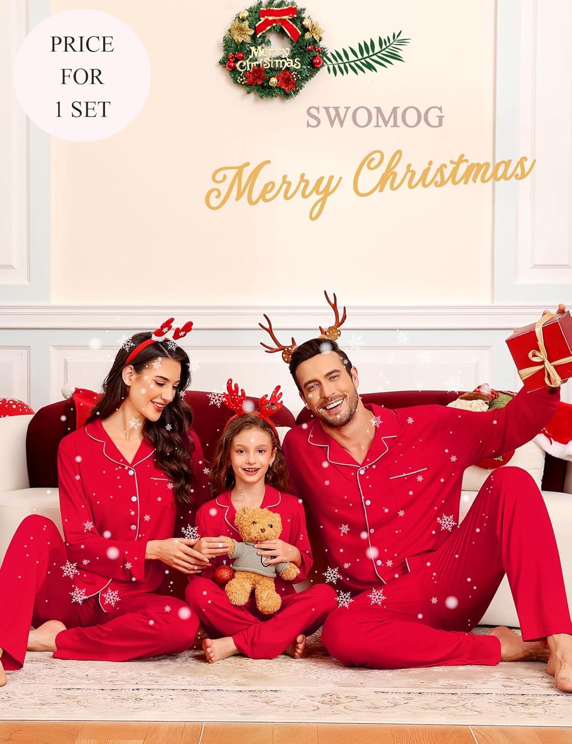 imageSWOMOG Family Christmas Pajamas Set Party Holiday Sleepwear Long Sleeve ButtonDown Loungewear SetRed