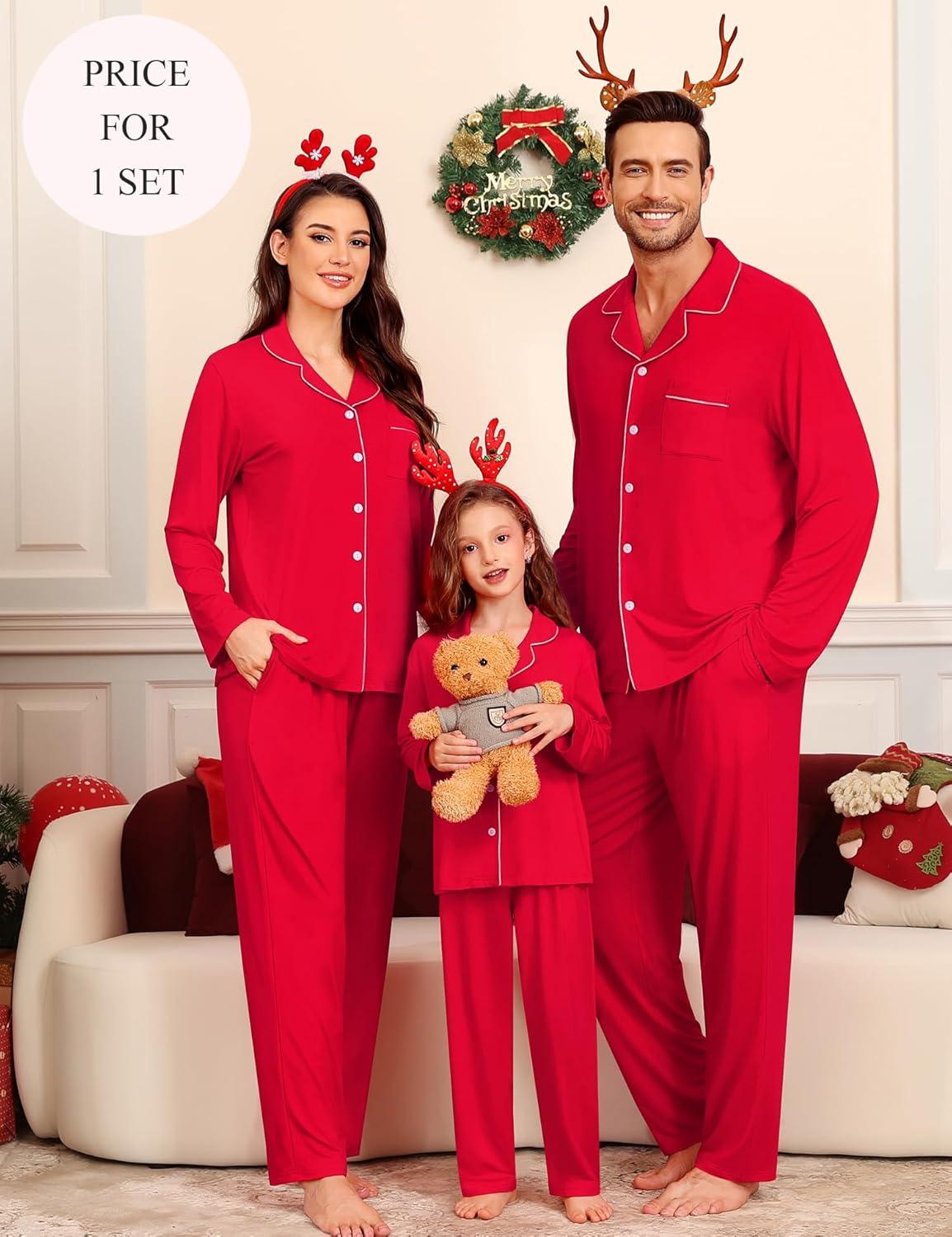 imageSWOMOG Family Christmas Pajamas Set Party Holiday Sleepwear Long Sleeve ButtonDown Loungewear SetRed