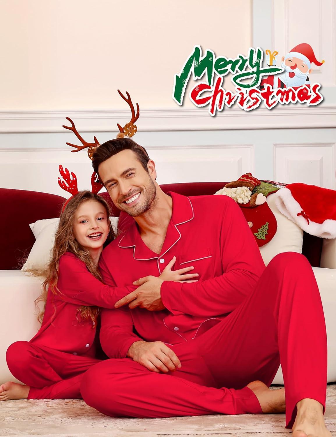 imageSWOMOG Family Christmas Pajamas Set Party Holiday Sleepwear Long Sleeve ButtonDown Loungewear SetRed