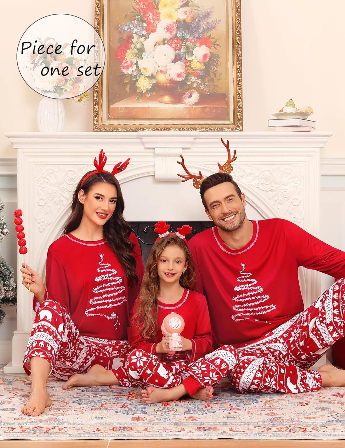 imageSWOMOG Family Christmas Pajamas Set Party Holiday Sleepwear Long Sleeve ButtonDown Loungewear SetRed Christmas Treepullover