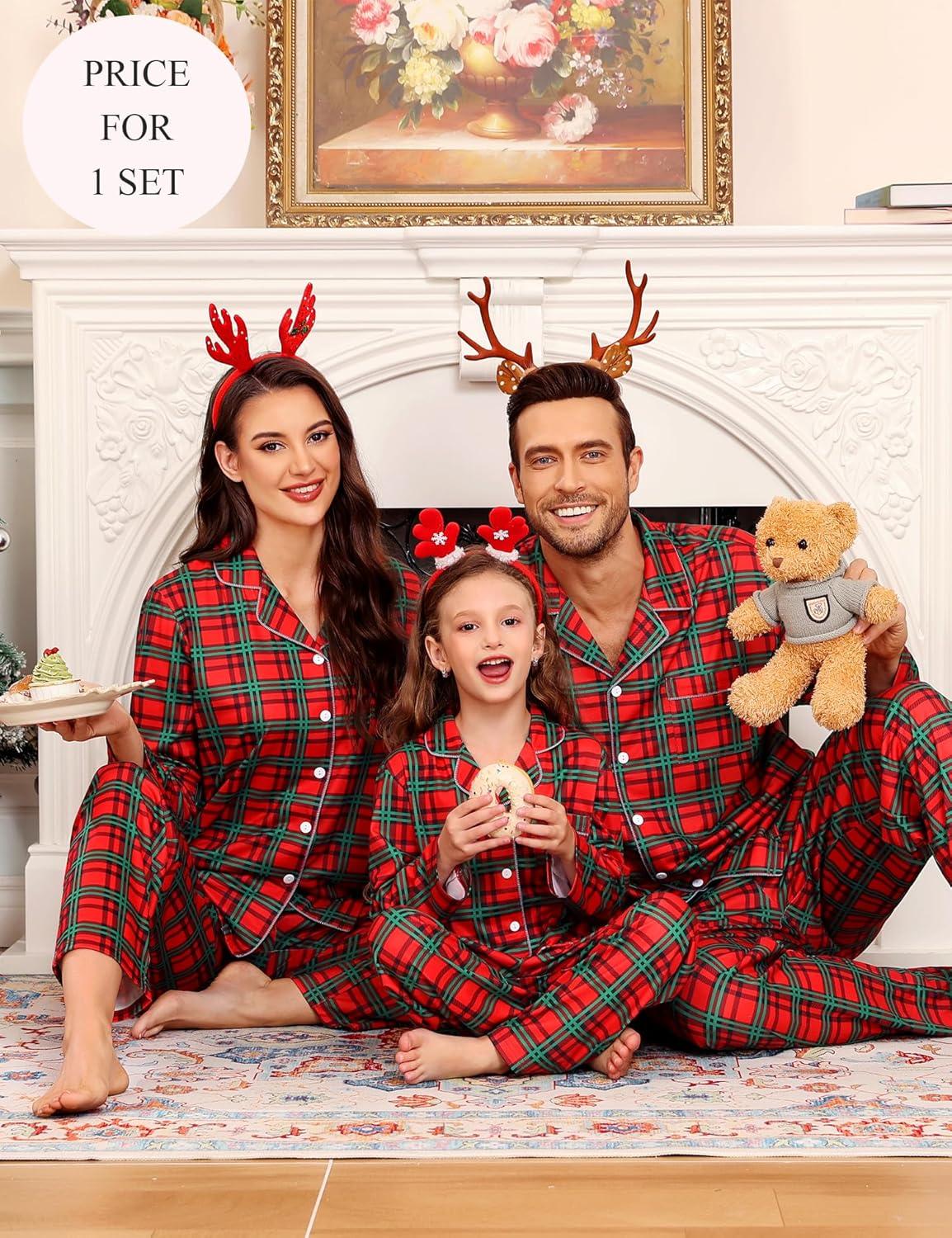 imageSWOMOG Family Christmas Pajamas Set Party Holiday Sleepwear Long Sleeve ButtonDown Loungewear SetRed Green Grid