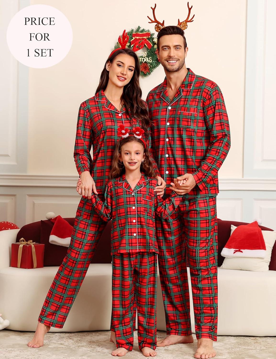 imageSWOMOG Family Christmas Pajamas Set Party Holiday Sleepwear Long Sleeve ButtonDown Loungewear SetRed Green Grid
