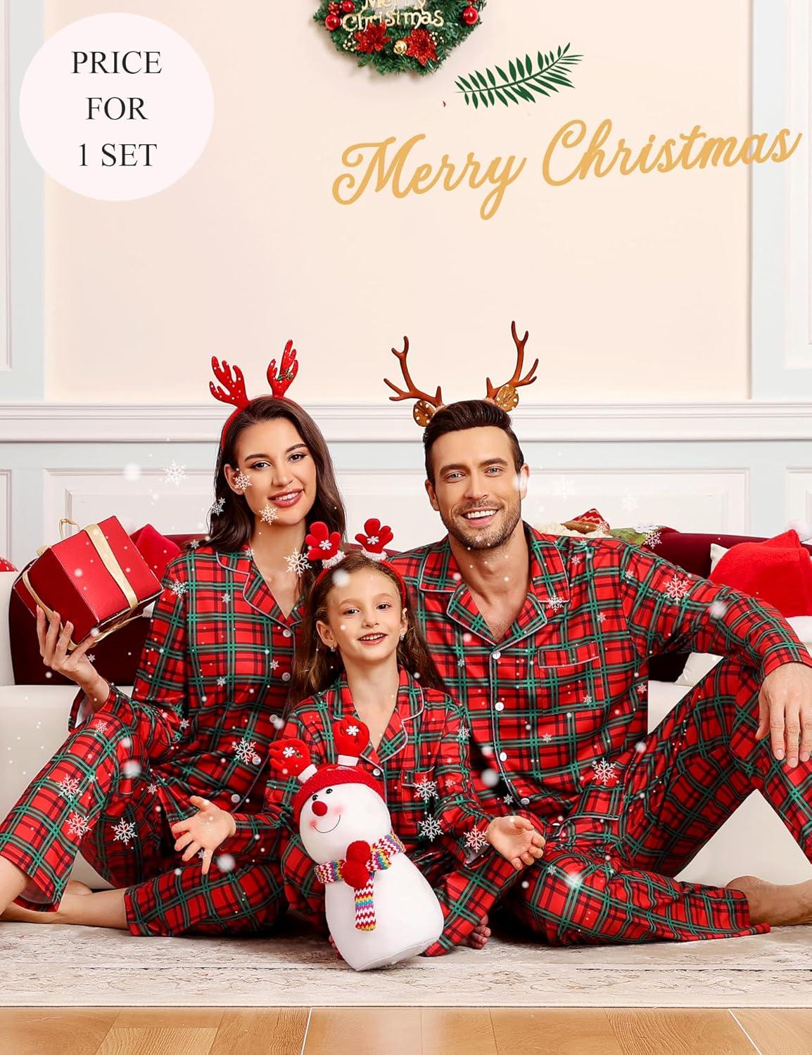 imageSWOMOG Family Christmas Pajamas Set Party Holiday Sleepwear Long Sleeve ButtonDown Loungewear SetRed Green Grid