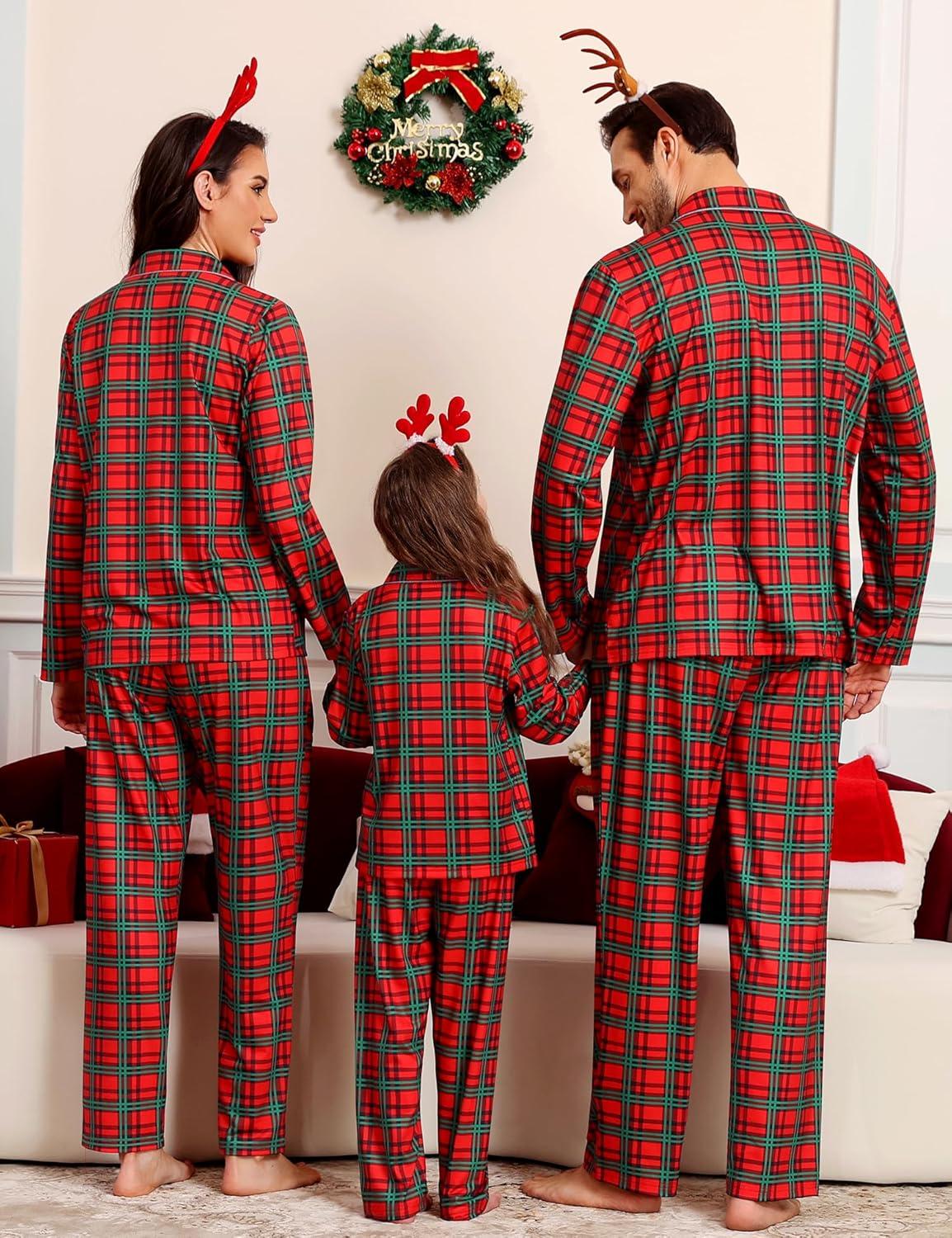 imageSWOMOG Family Christmas Pajamas Set Party Holiday Sleepwear Long Sleeve ButtonDown Loungewear SetRed Green Grid