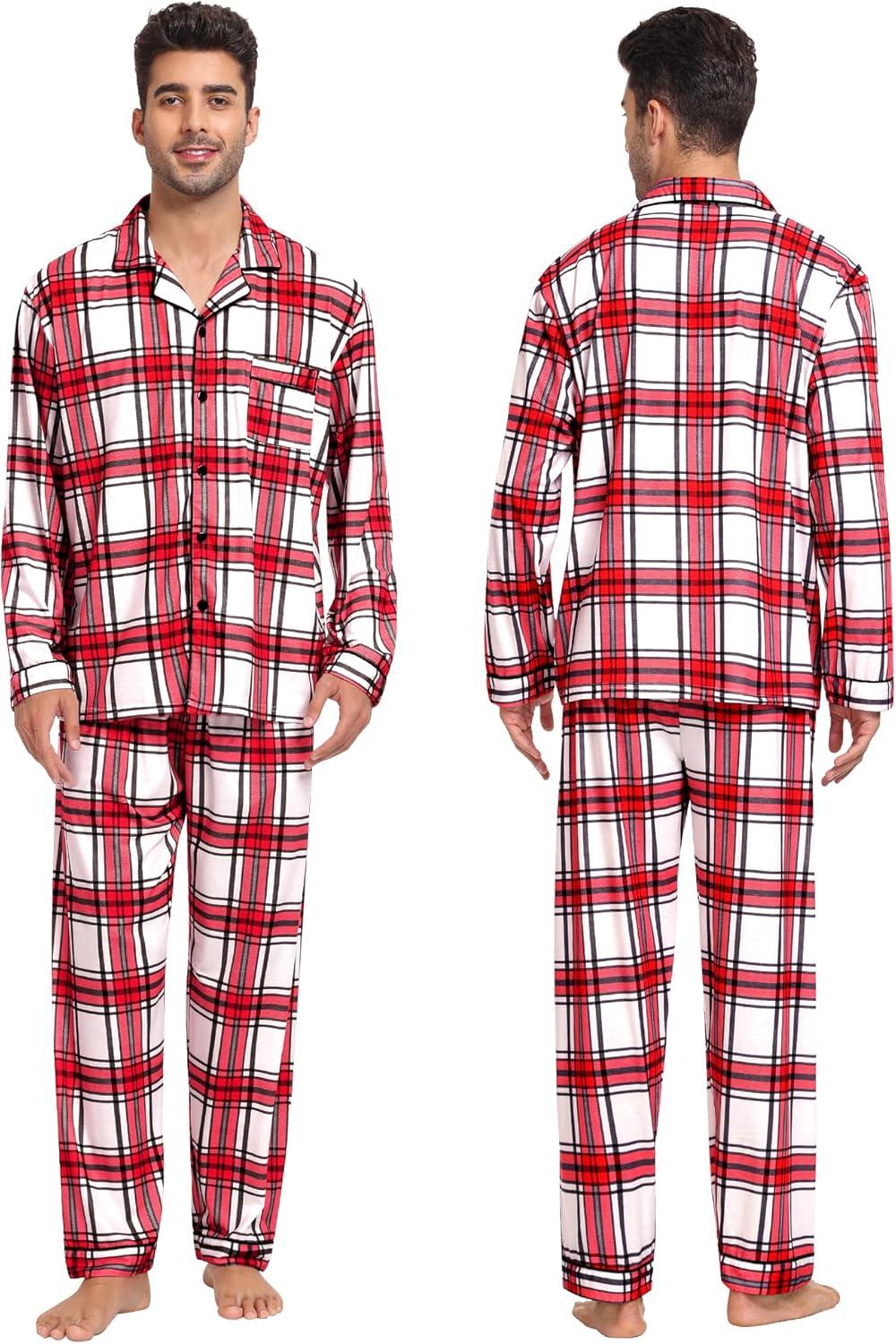 imageSWOMOG Family Christmas Pajamas Set Women amp Men Long Sleeve Pj Set Party Sleepwear ButtonDown Loungewear SetRed White Grid