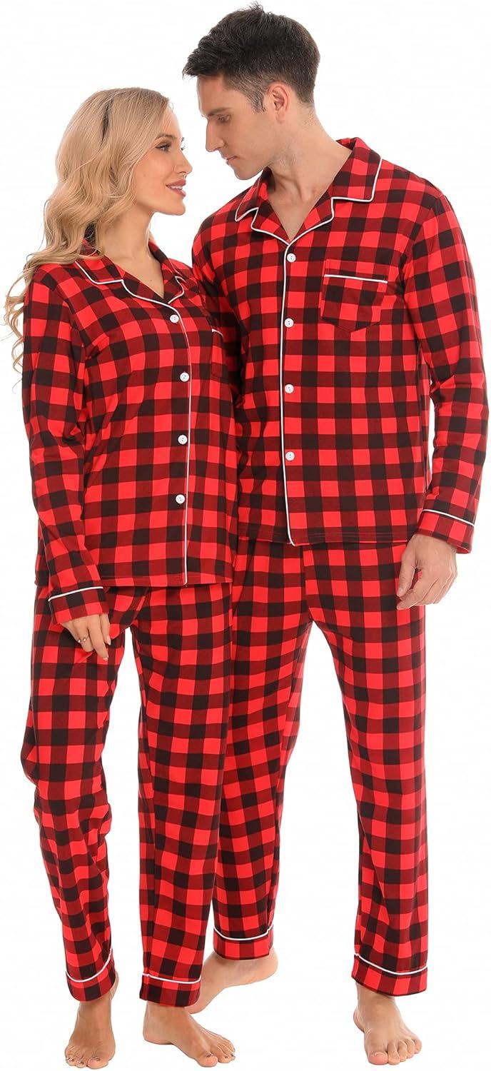 imageSWOMOG Family Christmas Pajamas Set Women amp Men Long Sleeve Pj Set Party Sleepwear ButtonDown Loungewear SetRed With Black Grid