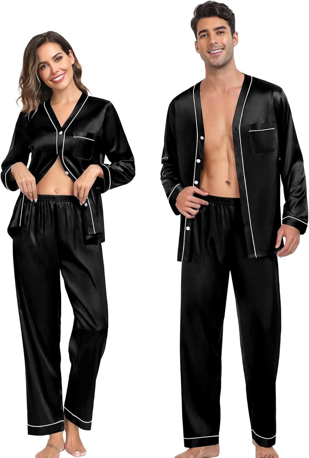 imageSWOMOG Family Satin Pajamas Sets Long Sleeve ButtonDown Sleepwear Silky TwoPieces Loungewear PJs SetsBlack