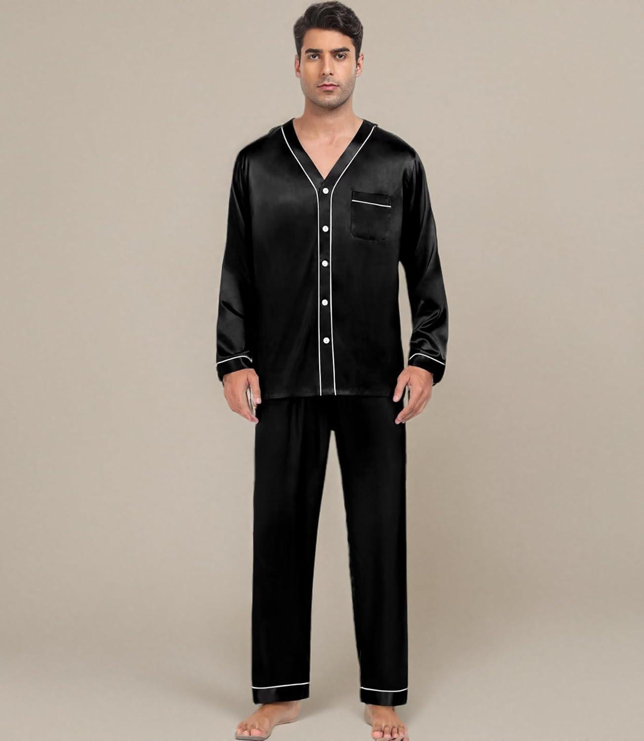 imageSWOMOG Family Satin Pajamas Sets Long Sleeve ButtonDown Sleepwear Silky TwoPieces Loungewear PJs SetsBlack
