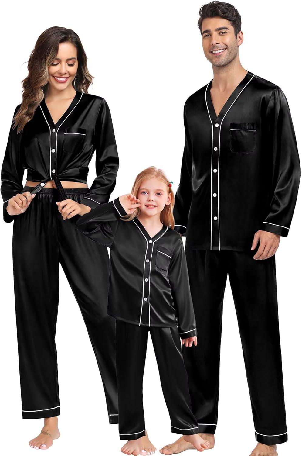 imageSWOMOG Family Satin Pajamas Sets Long Sleeve ButtonDown Sleepwear Silky TwoPieces Loungewear PJs SetsBlack
