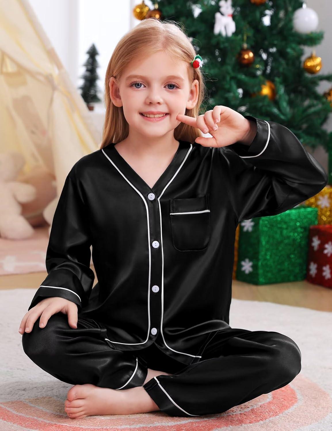 imageSWOMOG Family Satin Pajamas Sets Long Sleeve ButtonDown Sleepwear Silky TwoPieces Loungewear PJs SetsBlack