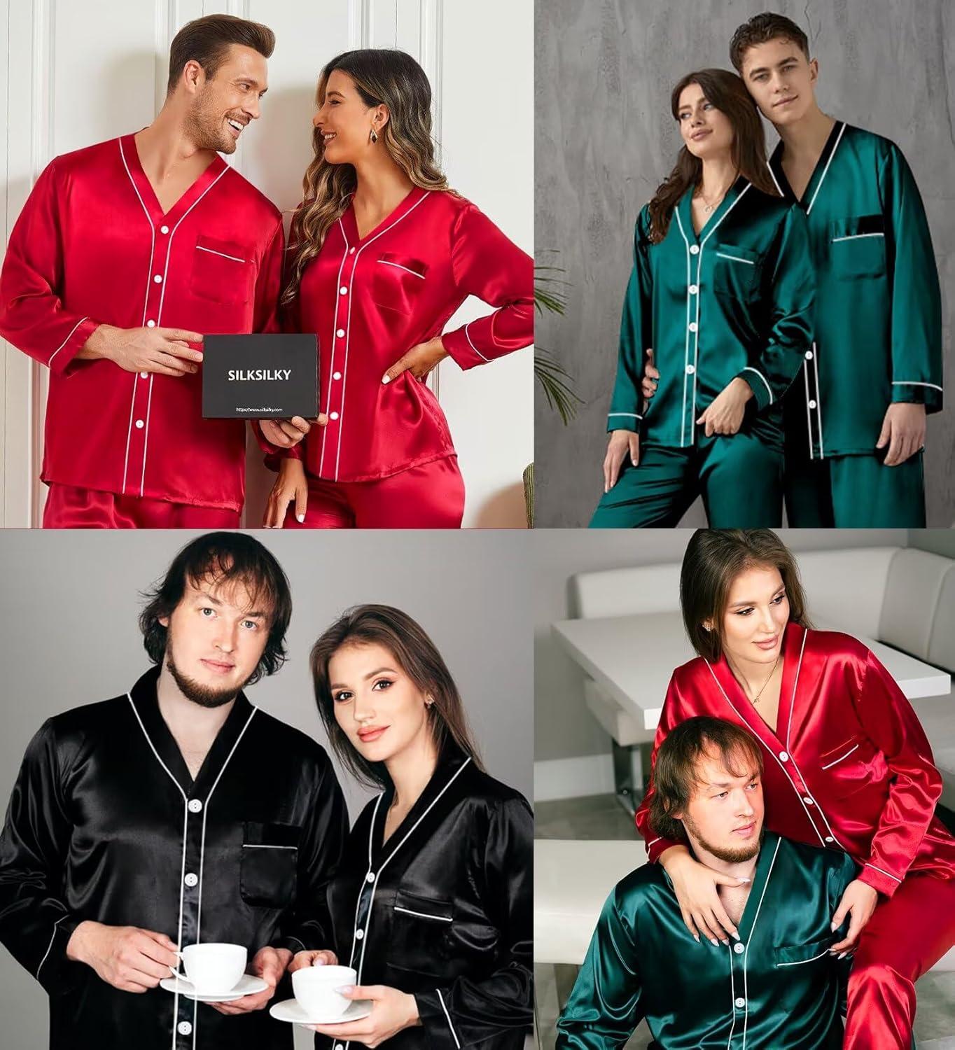 imageSWOMOG Family Satin Pajamas Sets Long Sleeve ButtonDown Sleepwear Silky TwoPieces Loungewear PJs SetsBlack