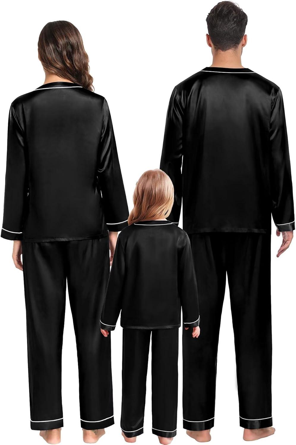 imageSWOMOG Family Satin Pajamas Sets Long Sleeve ButtonDown Sleepwear Silky TwoPieces Loungewear PJs SetsBlack