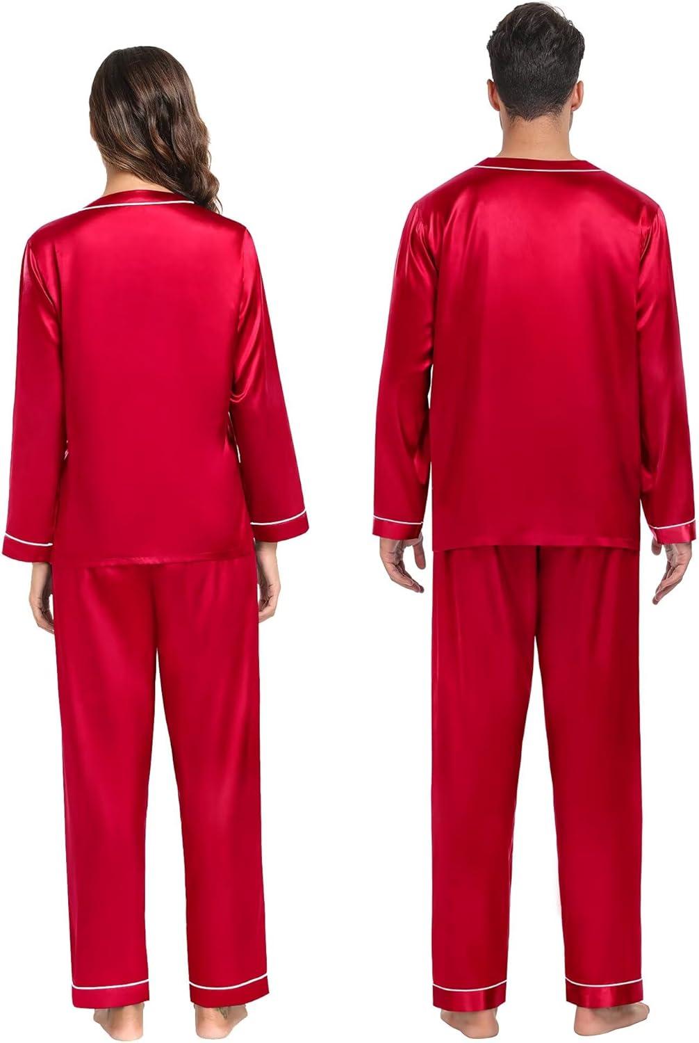 imageSWOMOG Family Satin Pajamas Sets Long Sleeve ButtonDown Sleepwear Silky TwoPieces Loungewear PJs SetsCamellia Red